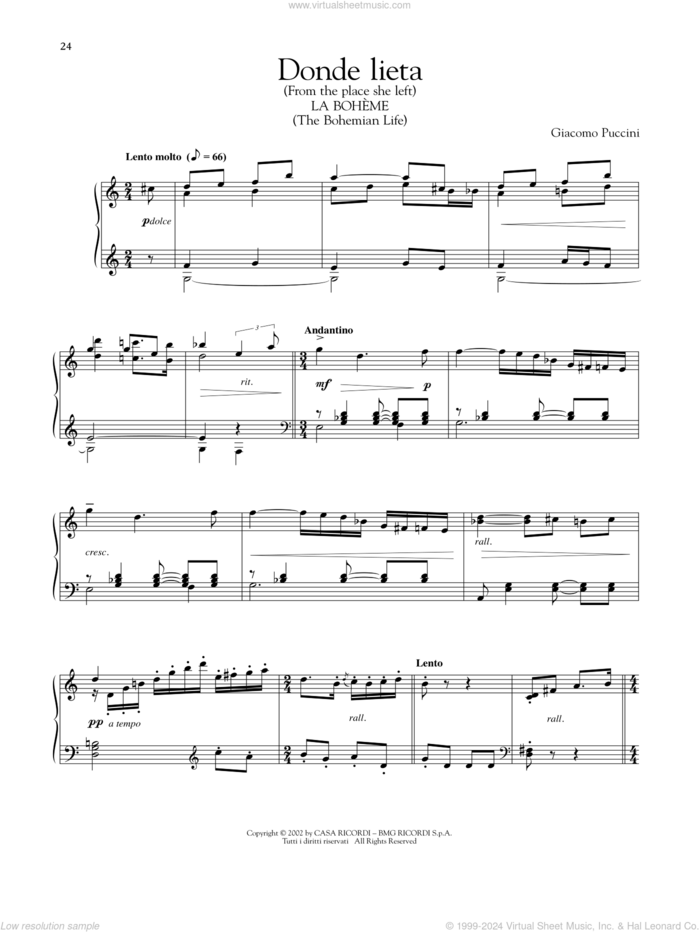 Donde Lieta sheet music for piano solo by Giacomo Puccini, classical score, intermediate skill level