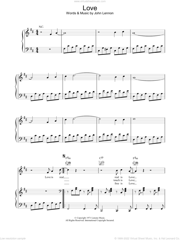 Love sheet music for voice, piano or guitar by John Lennon, intermediate skill level