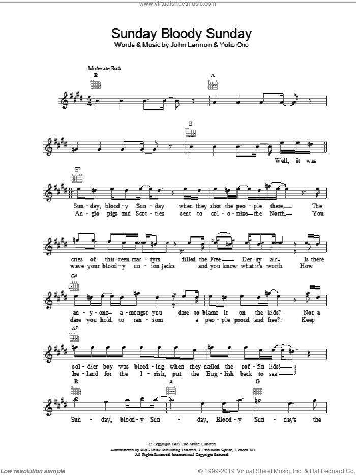 Sunday Bloody Sunday sheet music for voice and other instruments (fake book) by John Lennon and Yoko Ono, intermediate skill level