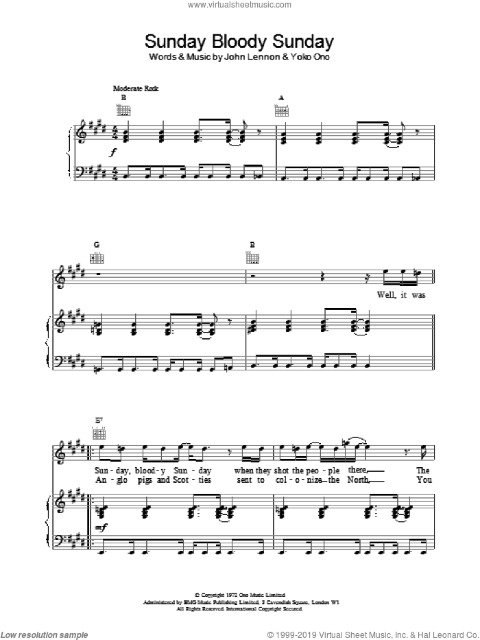 Sunday Bloody Sunday sheet music for voice, piano or guitar by John Lennon and Yoko Ono, intermediate skill level