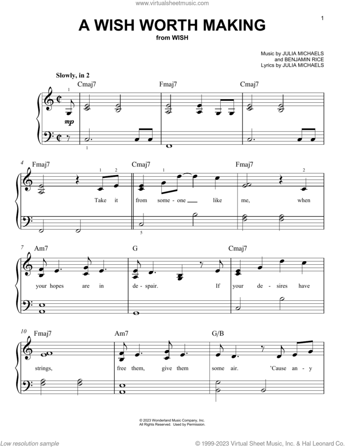 A Wish Worth Making (from Wish) sheet music for piano solo by Julia Michaels and Benjamin Rice, easy skill level