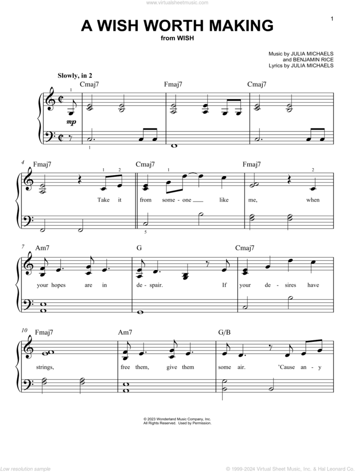 A Wish Worth Making (from Wish) sheet music for piano solo by Julia Michaels and Benjamin Rice, easy skill level