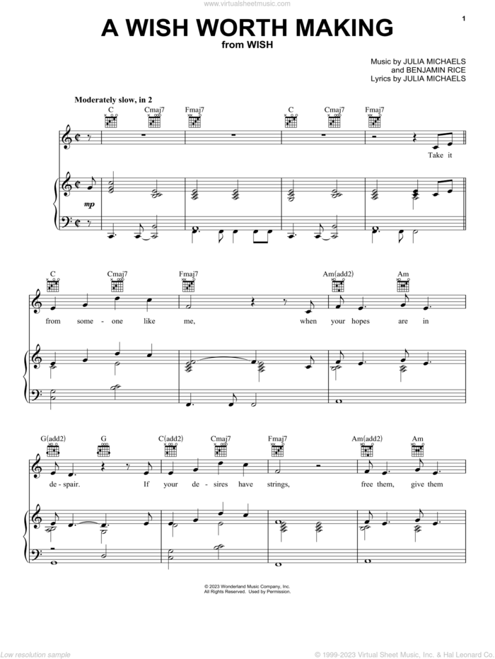 A Wish Worth Making (from Wish) sheet music for voice, piano or guitar by Julia Michaels and Benjamin Rice, intermediate skill level