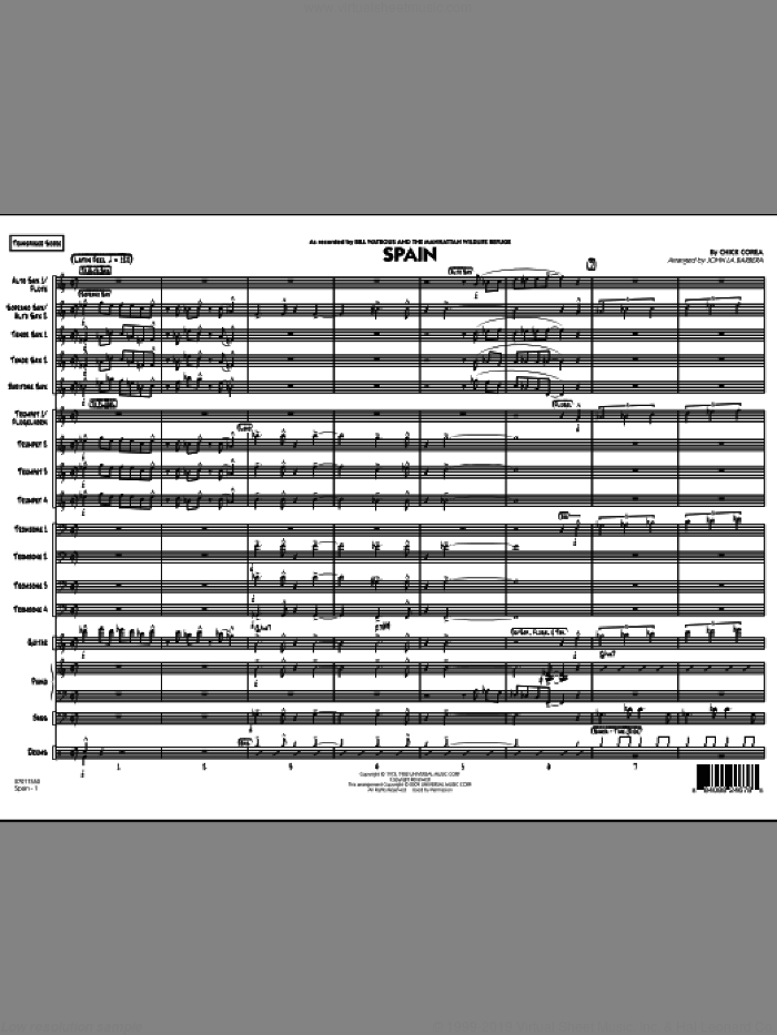 Spain (COMPLETE) sheet music for jazz band by Chick Corea, Bill Watrous and John La Barbera, intermediate skill level