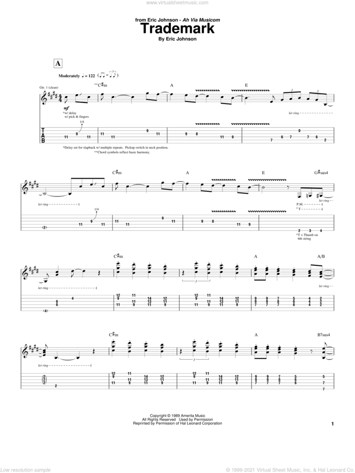 Trademark sheet music for guitar (tablature) by Eric Johnson, intermediate skill level