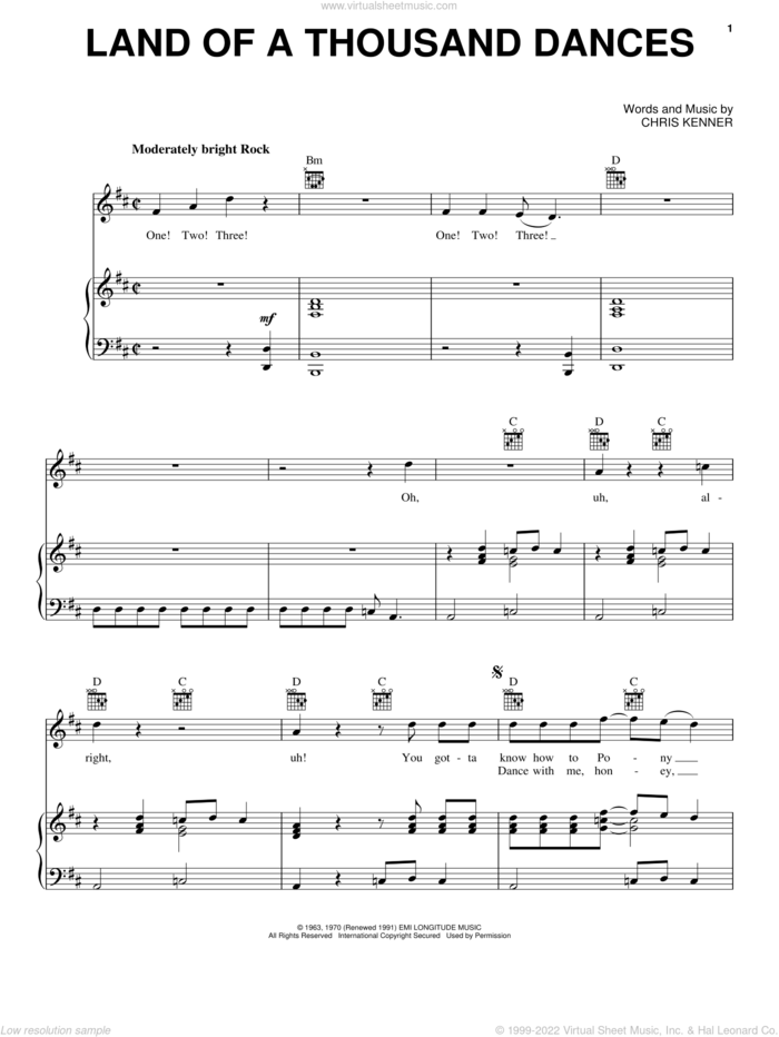 Land Of A Thousand Dances sheet music for voice, piano or guitar by Wilson Pickett and Chris Kenner, intermediate skill level