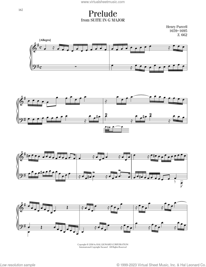 Prelude, Suite No. 1 In G Major sheet music for piano solo by Henry Purcell, classical score, intermediate skill level