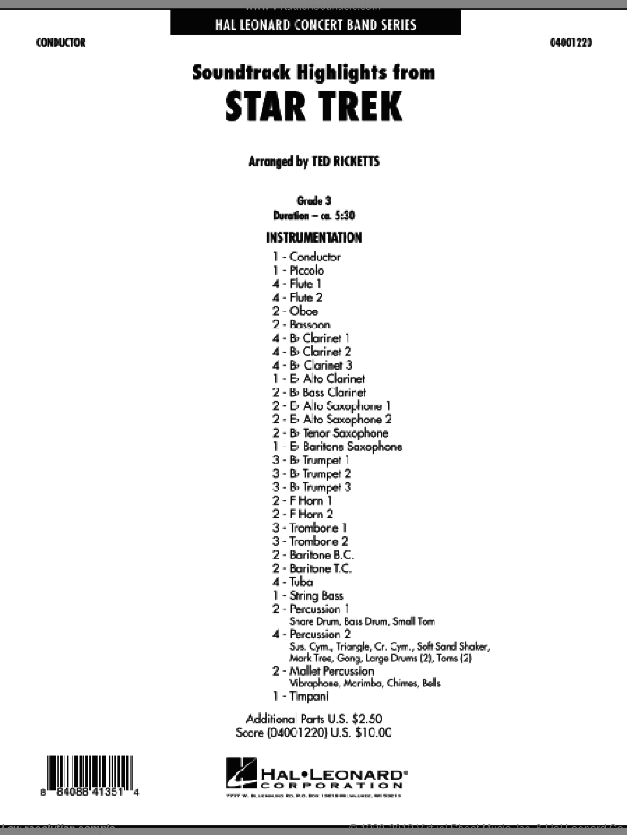 Star Trek, soundtrack highlights sheet music for concert band (full score) by Michael Giacchino and Ted Ricketts, intermediate skill level