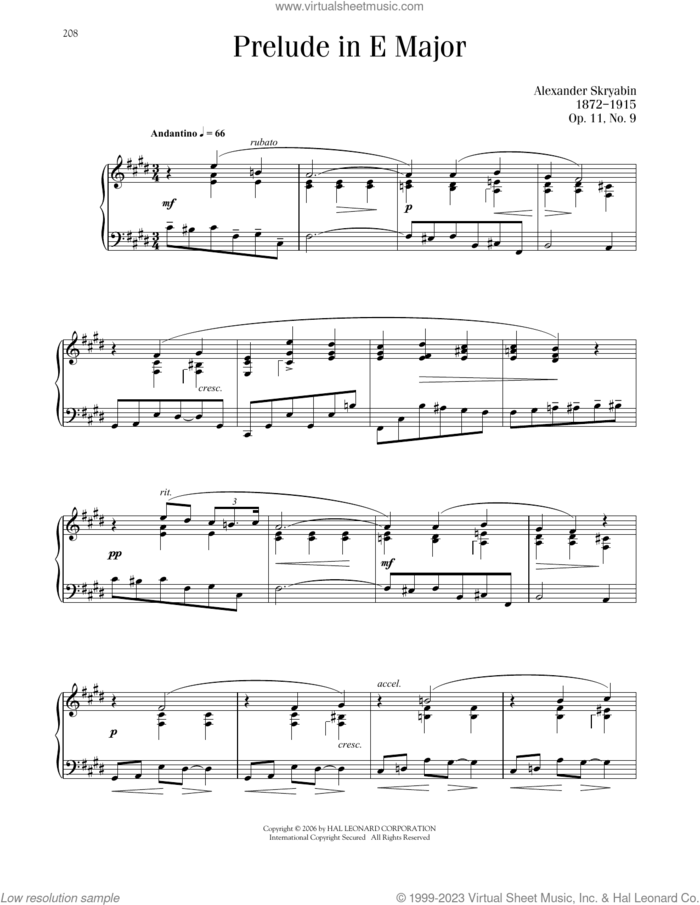 Prelude, Op. 11, No. 9 sheet music for piano solo by Alexandre Scriabin, classical score, intermediate skill level
