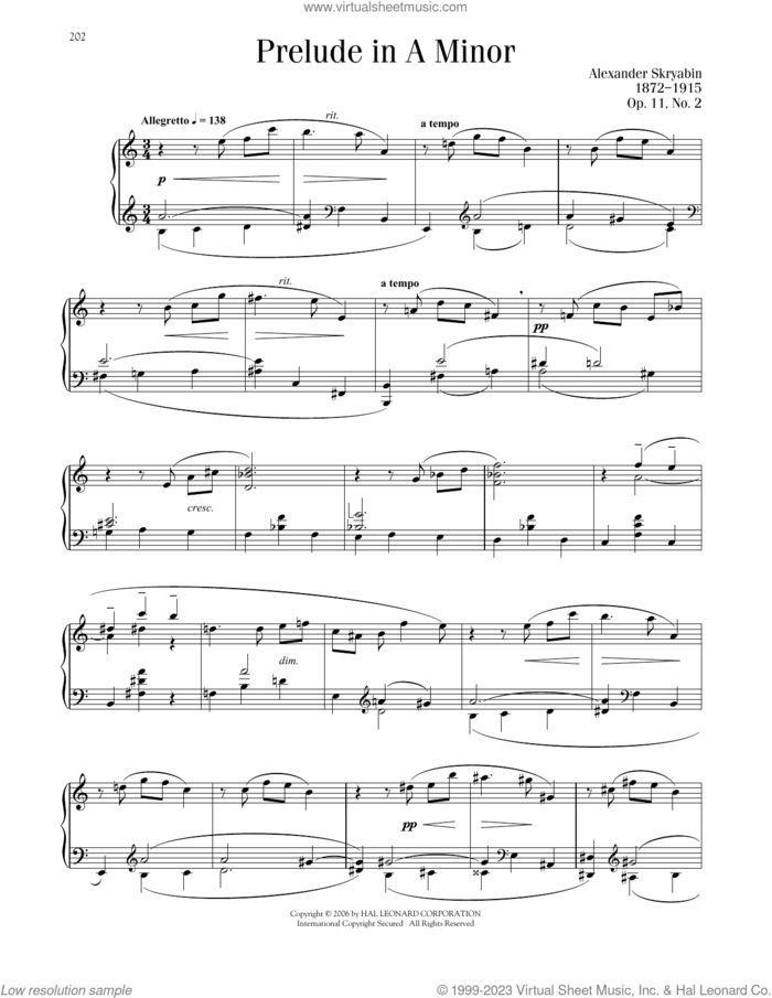 Prelude In A Minor, Op. 11, No. 2 sheet music for piano solo by Alexandre Scriabin, classical score, intermediate skill level