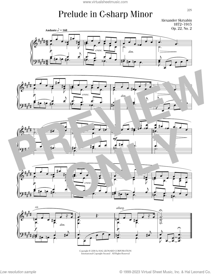 Prelude In C-Sharp Minor, Op. 22, No. 2 sheet music for piano solo by Alexander Scriabin, classical score, intermediate skill level