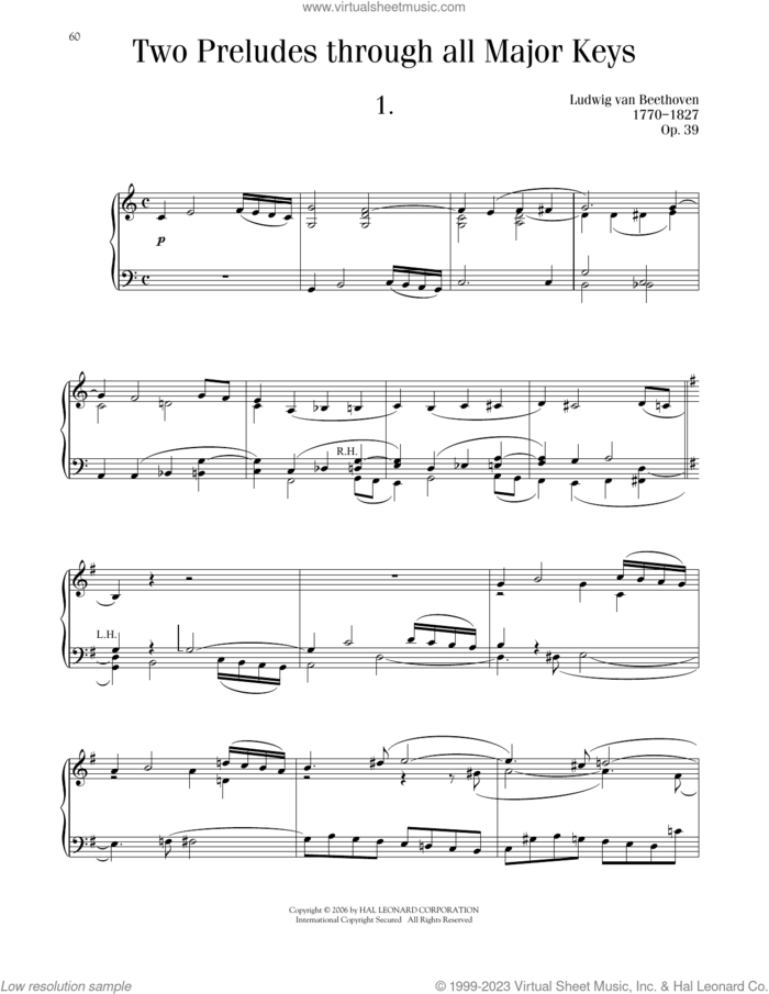 Two Preludes, Through All 12 Major Keys, Op. 39 sheet music for piano solo by Ludwig van Beethoven, classical score, intermediate skill level