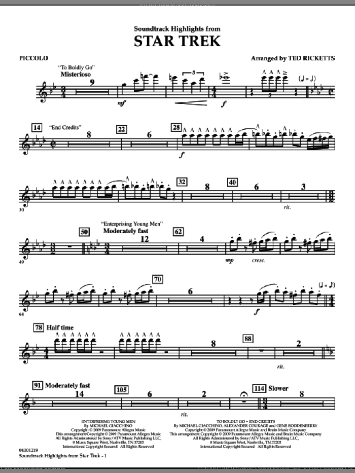 Star Trek, soundtrack highlights sheet music for concert band (piccolo) by Michael Giacchino and Ted Ricketts, intermediate skill level