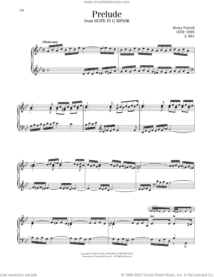 Prelude, Z. 661 sheet music for piano solo by Henry Purcell, classical score, intermediate skill level
