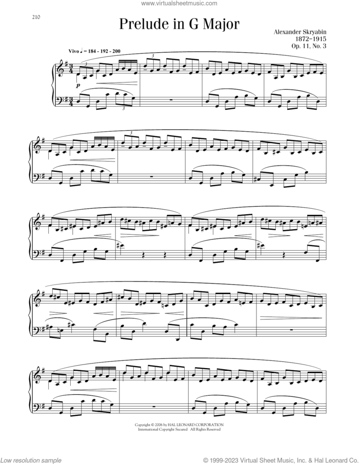 Prelude, Op. 11, No. 3 sheet music for piano solo by Alexandre Scriabin, classical score, intermediate skill level