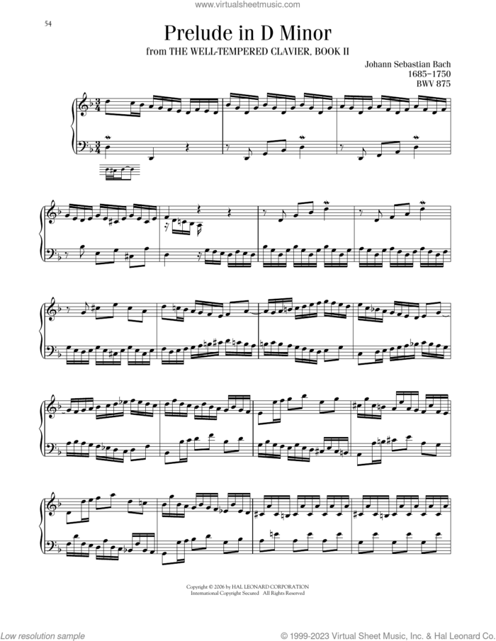 Prelude No. 6 In D Minor, BWV 875 sheet music for piano solo by Johann Sebastian Bach, classical score, intermediate skill level
