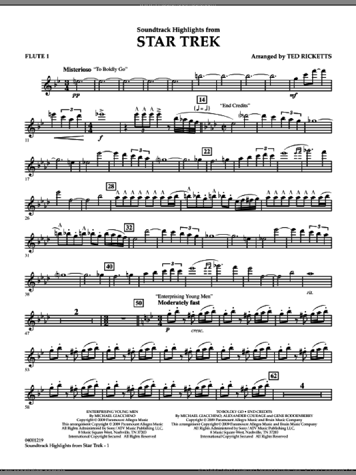 Star Trek, soundtrack highlights sheet music for concert band (flute 1) by Michael Giacchino and Ted Ricketts, intermediate skill level