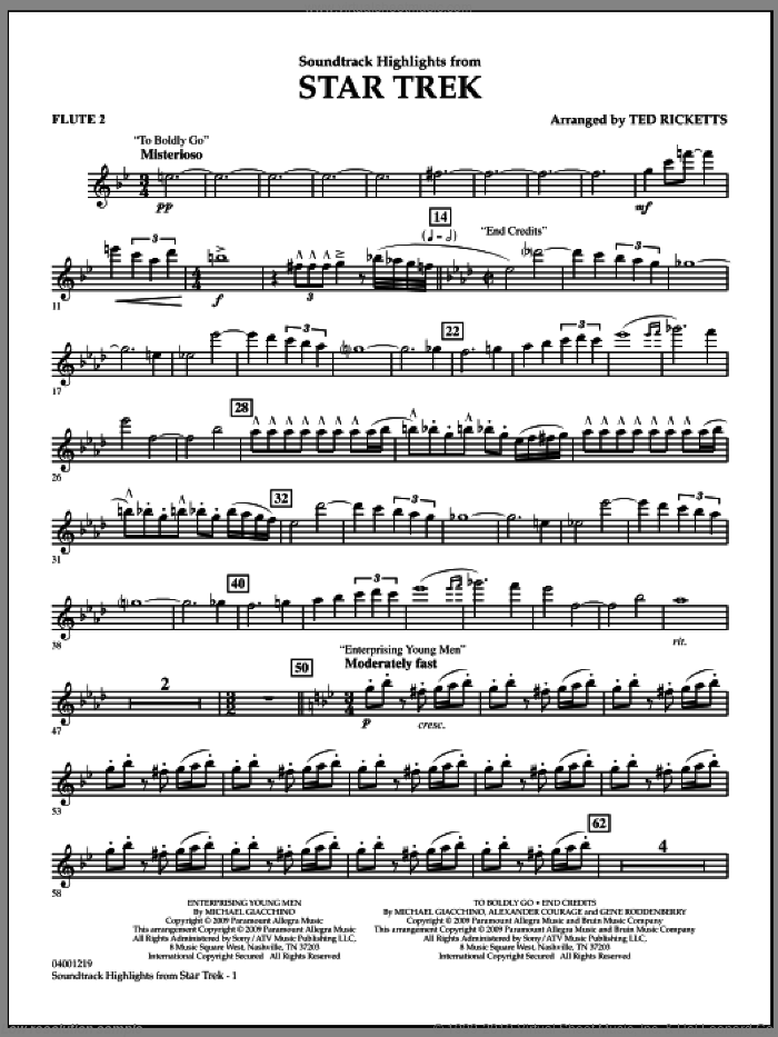 Star Trek, soundtrack highlights sheet music for concert band (flute 2) by Michael Giacchino and Ted Ricketts, intermediate skill level