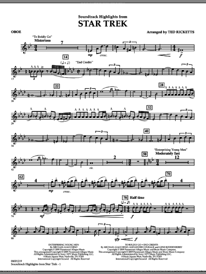 Star Trek, soundtrack highlights sheet music for concert band (oboe) by Michael Giacchino and Ted Ricketts, intermediate skill level