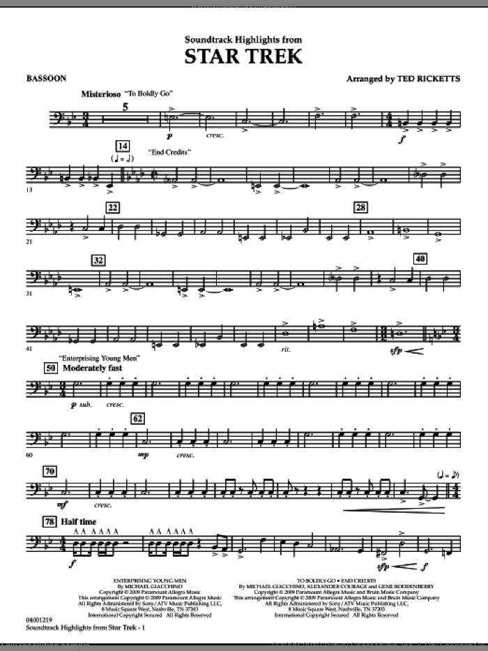 Star Trek, soundtrack highlights sheet music for concert band (bassoon) by Michael Giacchino and Ted Ricketts, intermediate skill level
