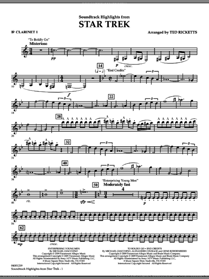 Star Trek, soundtrack highlights sheet music for concert band (Bb clarinet 1) by Michael Giacchino and Ted Ricketts, intermediate skill level