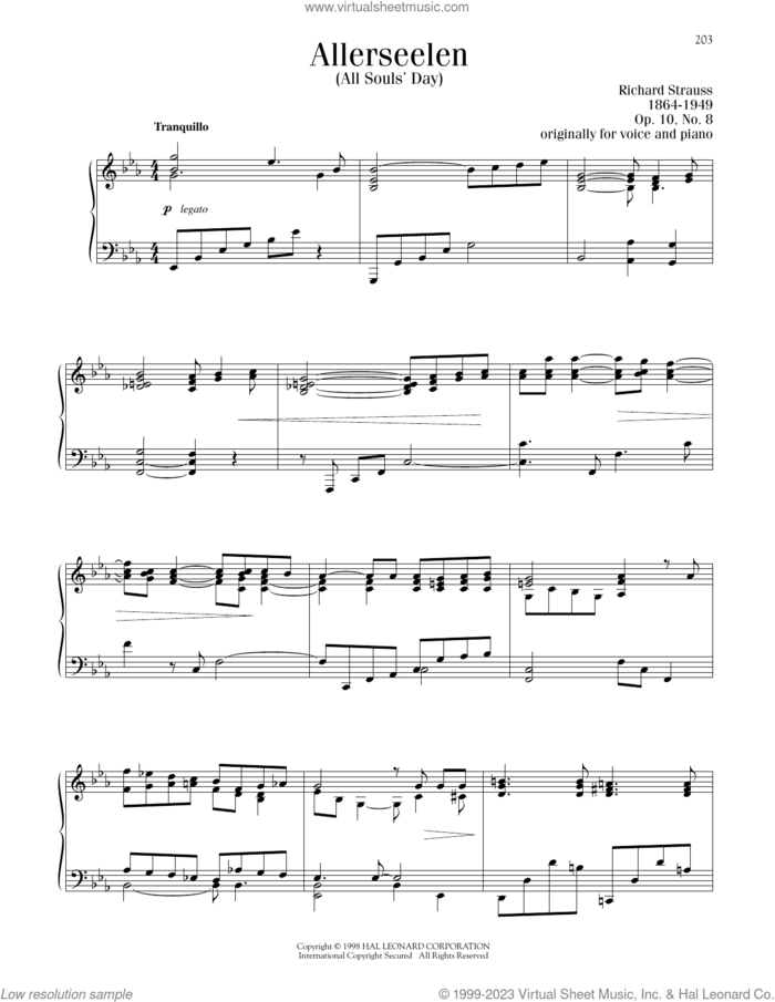 Allerseelen, Op. 10 (All Souls' Day) sheet music for piano solo by Richard Strauss, Blake Neely and Richard Walters, classical score, intermediate skill level