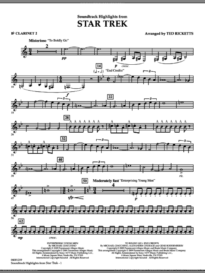 Star Trek, soundtrack highlights sheet music for concert band (Bb clarinet 2) by Michael Giacchino and Ted Ricketts, intermediate skill level