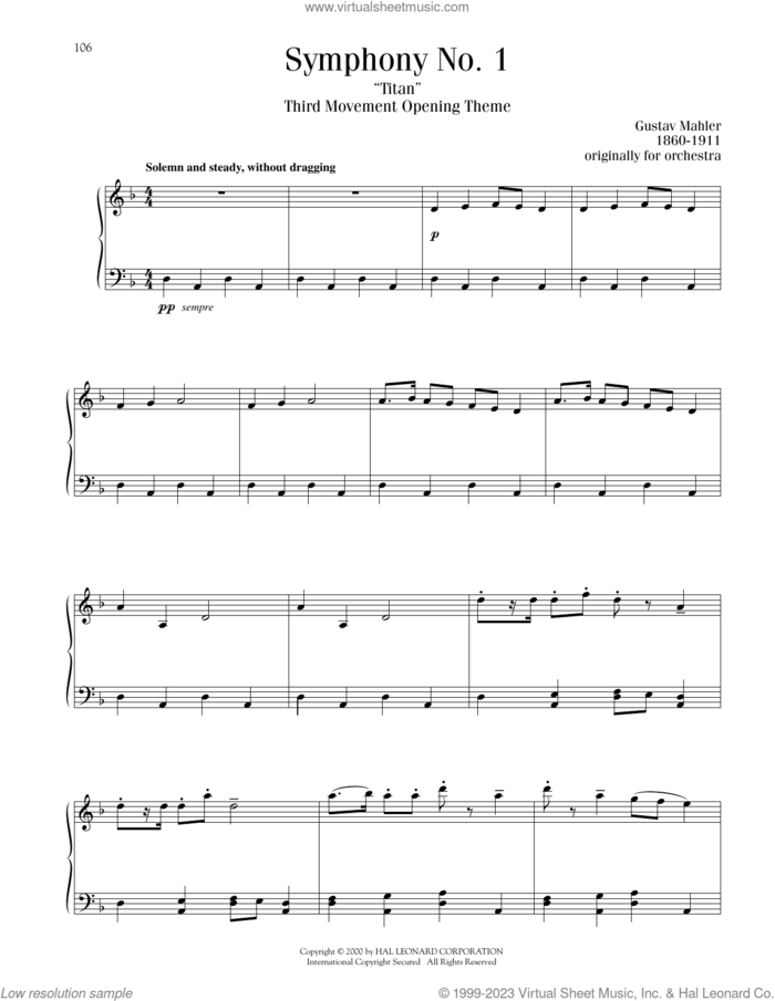Symphony No. 1 in D Major ('Titan') sheet music for piano solo by Gustav Mahler, classical score, intermediate skill level