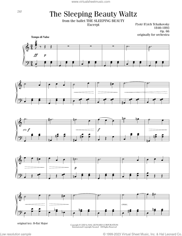 The Sleeping Beauty Waltz, (intermediate) sheet music for piano solo by Pyotr Ilyich Tchaikovsky, classical score, intermediate skill level