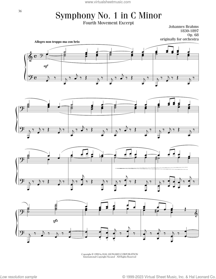 Symphony No. 1 In C Minor, Fourth Movement Excerpt sheet music for piano solo by Johannes Brahms, Blake Neely and Richard Walters, classical score, intermediate skill level