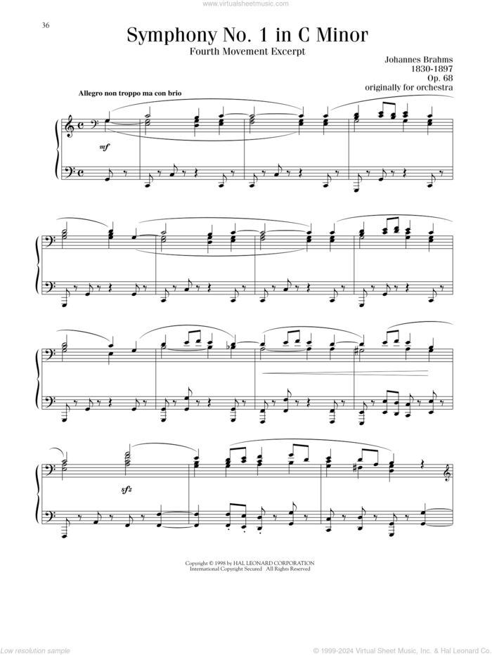 Symphony No. 1 In C Minor, Fourth Movement Excerpt sheet music for piano solo by Johannes Brahms, Blake Neely and Richard Walters, classical score, intermediate skill level