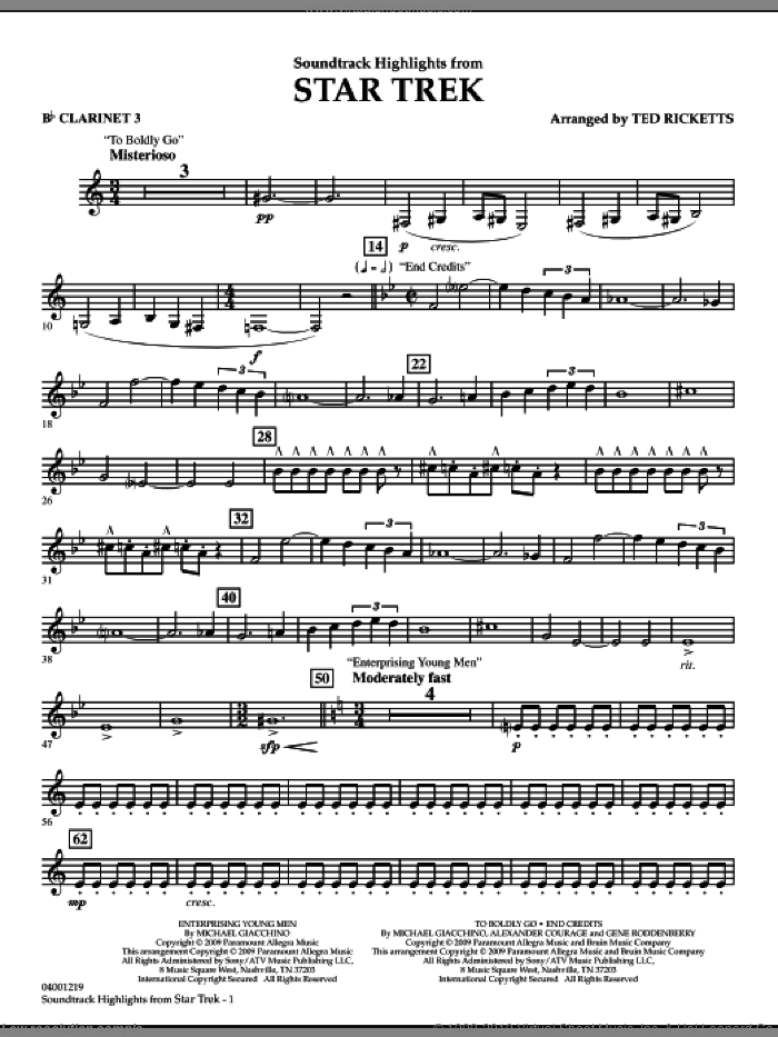 Star Trek, soundtrack highlights sheet music for concert band (Bb clarinet 3) by Michael Giacchino and Ted Ricketts, intermediate skill level