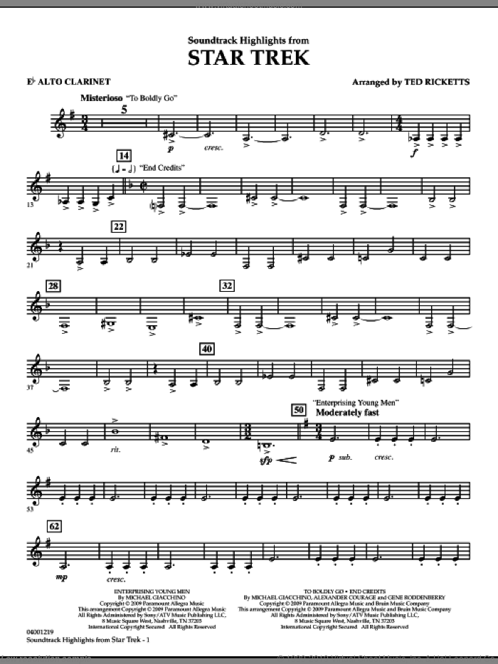 Star Trek, soundtrack highlights sheet music for concert band (Eb alto clarinet) by Michael Giacchino and Ted Ricketts, intermediate skill level