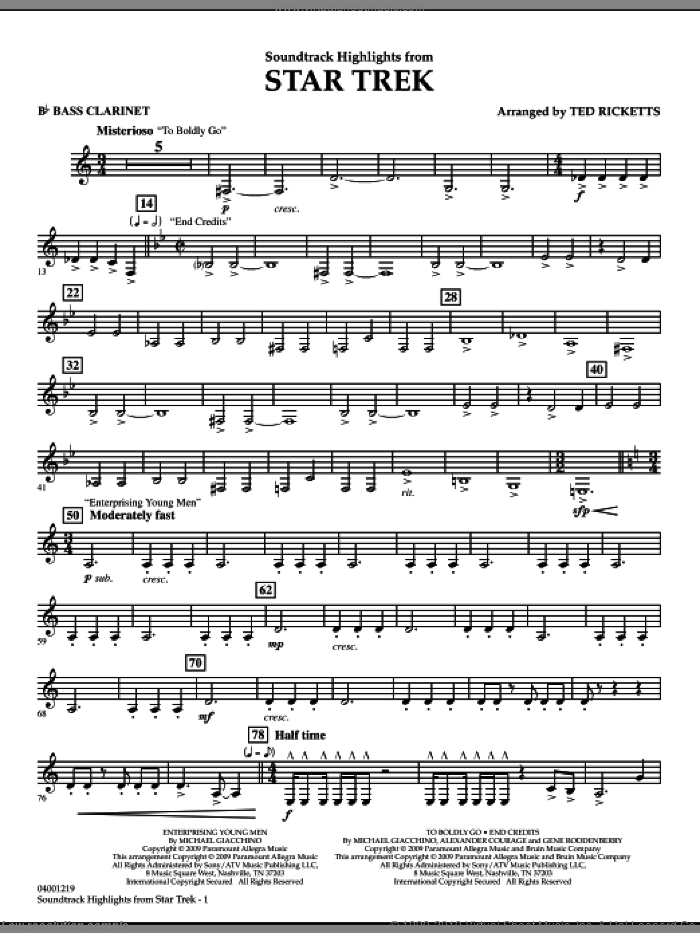 Star Trek, soundtrack highlights sheet music for concert band (Bb bass clarinet) by Michael Giacchino and Ted Ricketts, intermediate skill level