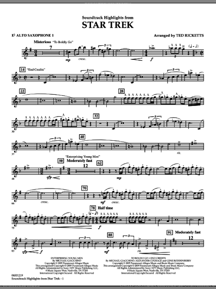 Star Trek, soundtrack highlights sheet music for concert band (Eb alto saxophone 1) by Michael Giacchino and Ted Ricketts, intermediate skill level