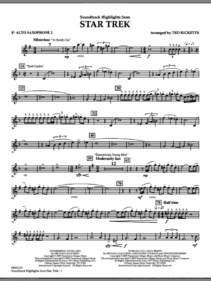 Star Trek, soundtrack highlights sheet music for concert band (Eb alto saxophone 2) by Michael Giacchino and Ted Ricketts, intermediate skill level