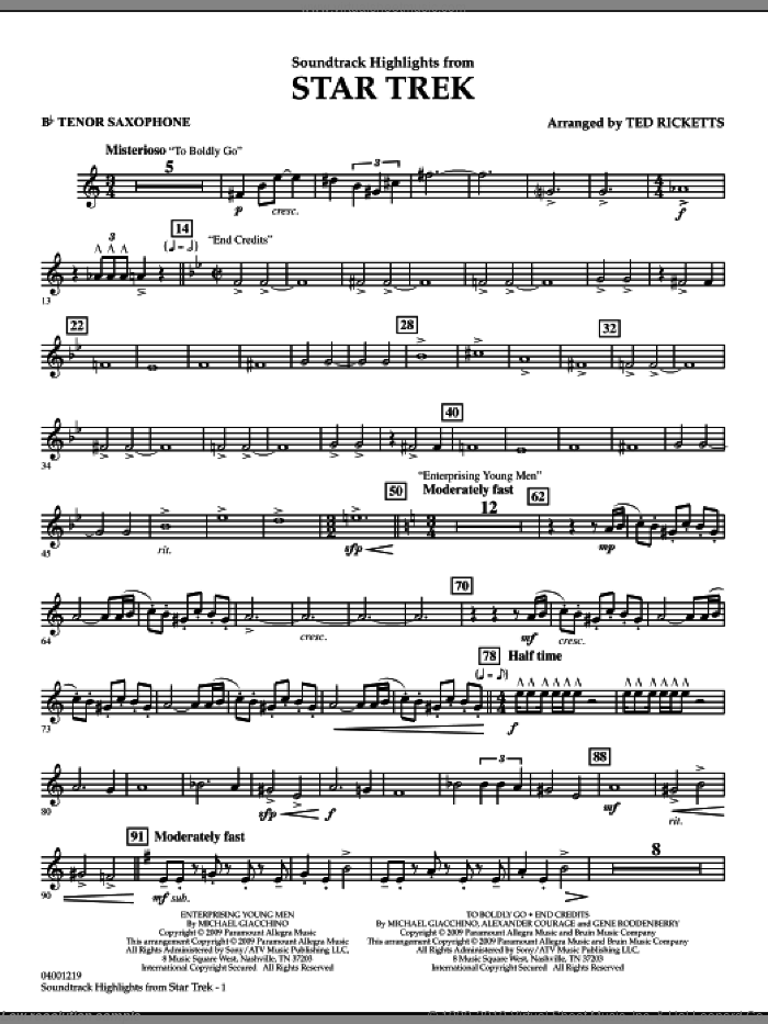Star Trek, soundtrack highlights sheet music for concert band (Bb tenor saxophone) by Michael Giacchino and Ted Ricketts, intermediate skill level