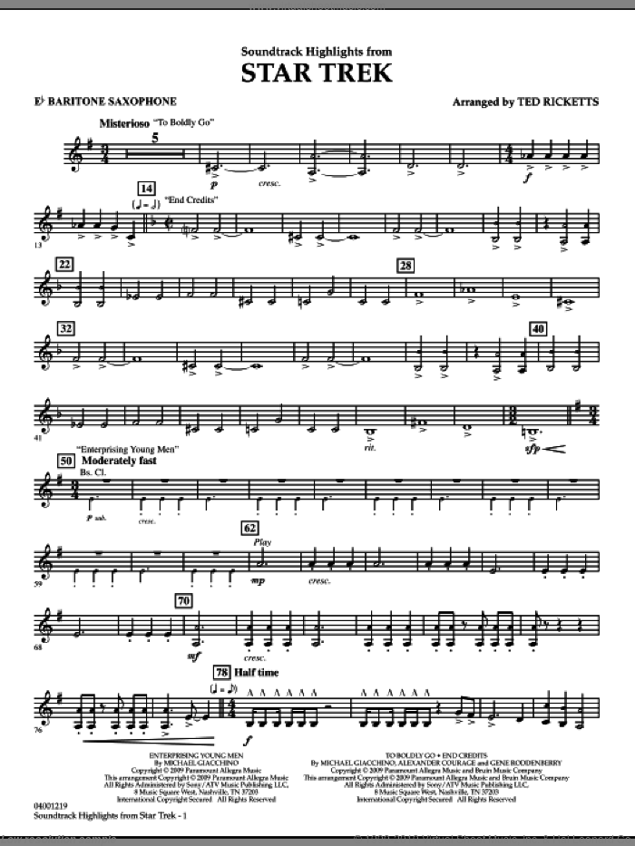Star Trek, soundtrack highlights sheet music for concert band (Eb baritone saxophone) by Michael Giacchino and Ted Ricketts, intermediate skill level