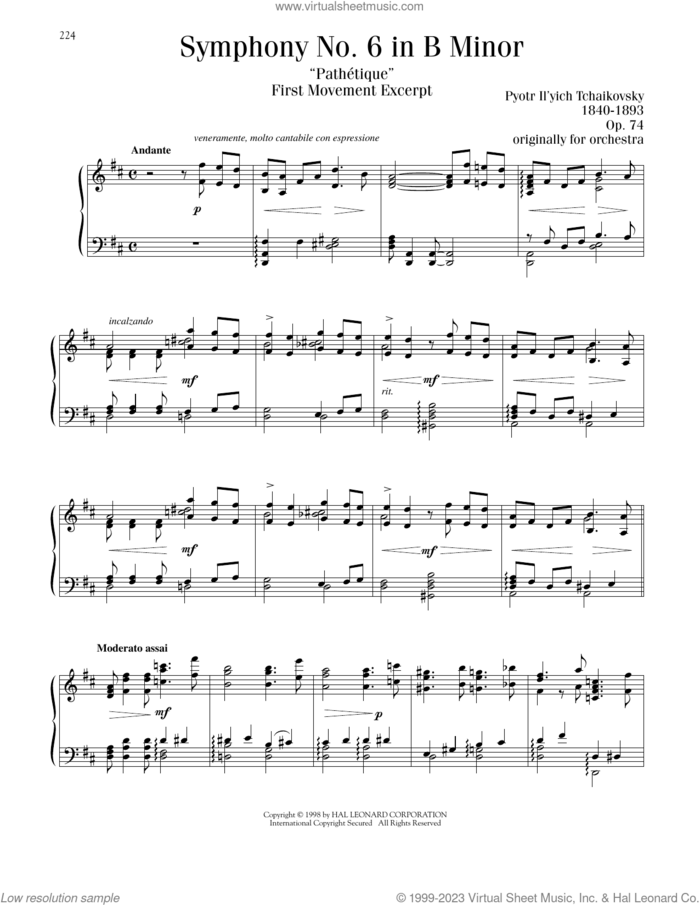 Symphony No. 6 in B Minor ('Pathetique') sheet music for piano solo by Pyotr Ilyich Tchaikovsky, Blake Neely and Richard Walters, classical score, intermediate skill level