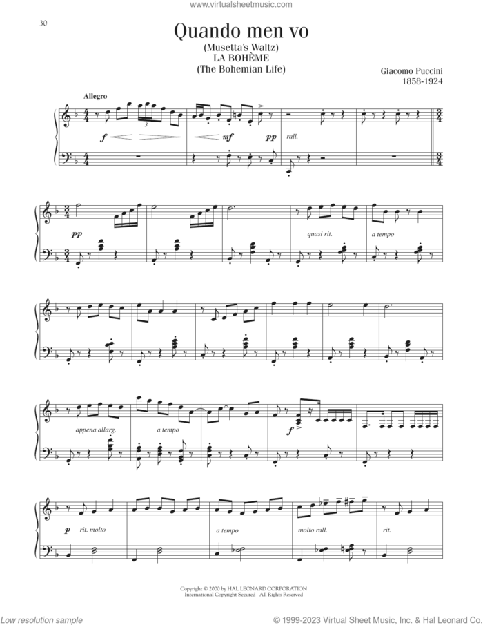 Quando Men Vo sheet music for piano solo by Giacomo Puccini, classical score, intermediate skill level