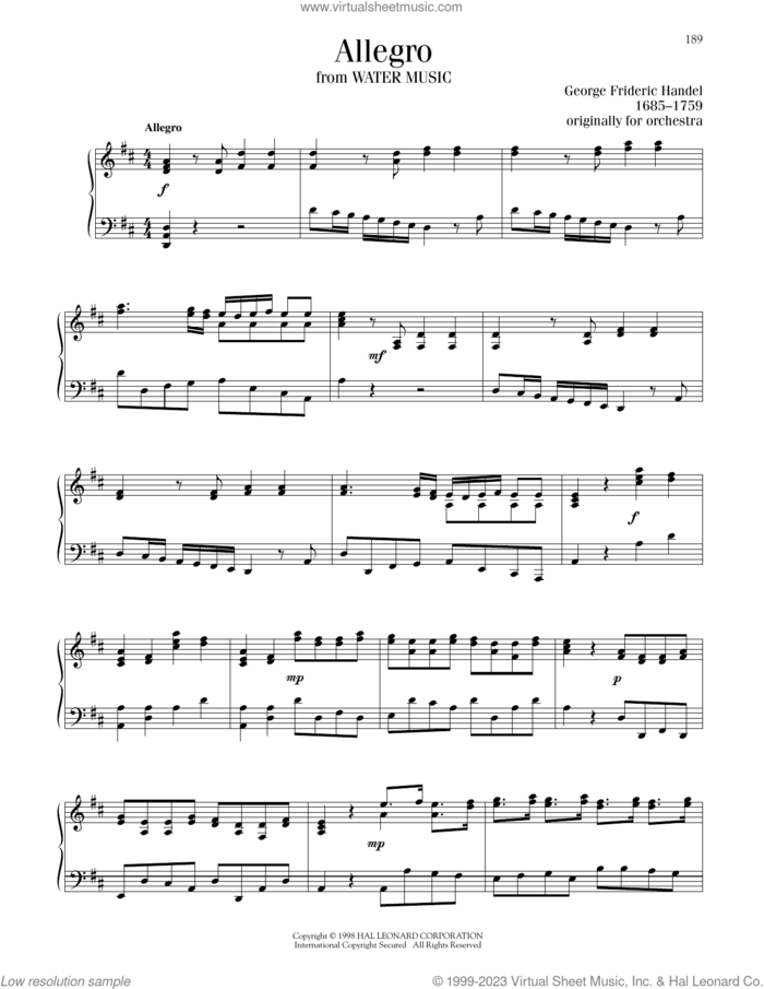 Allegro sheet music for piano solo by George Frideric Handel, classical score, intermediate skill level