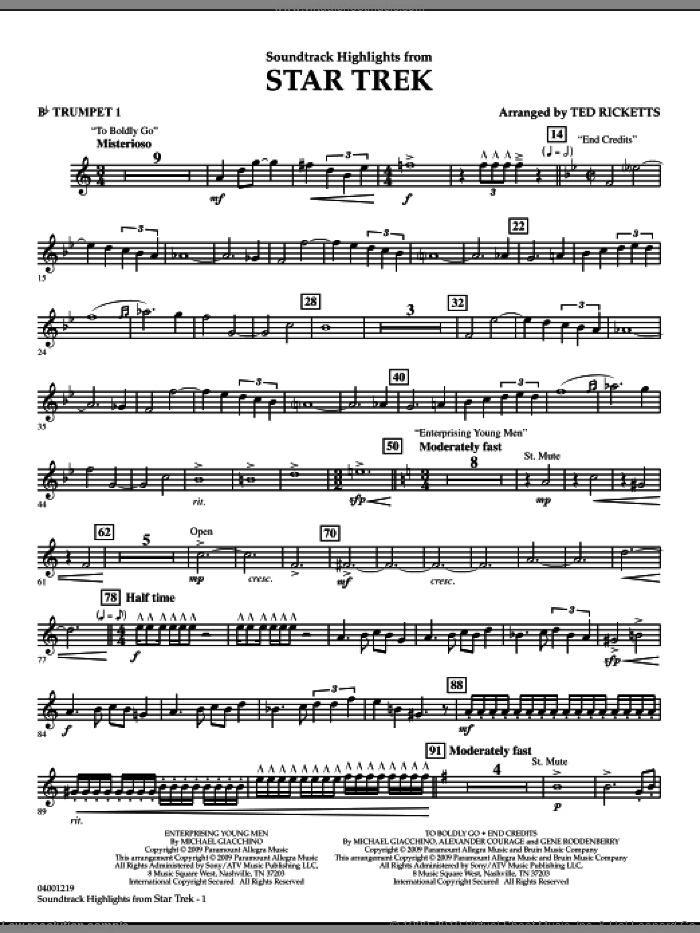 Star Trek, soundtrack highlights sheet music for concert band (Bb trumpet 1) by Michael Giacchino and Ted Ricketts, intermediate skill level