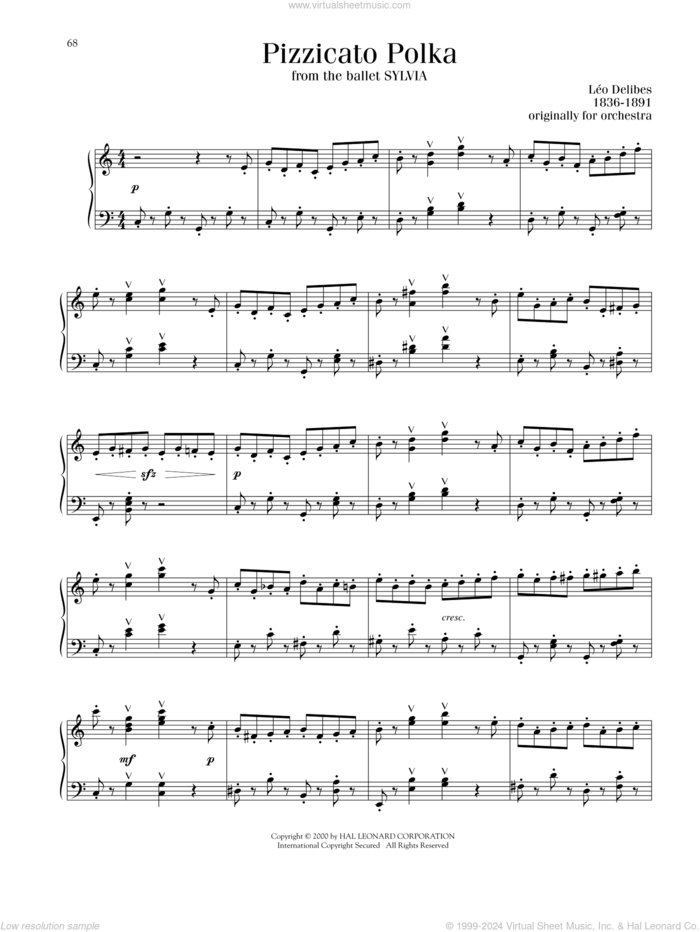 Pizzicato Polka sheet music for piano solo by Leo Delibes, classical score, intermediate skill level