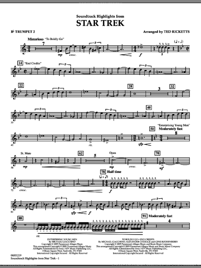 Star Trek, soundtrack highlights sheet music for concert band (Bb trumpet 2) by Michael Giacchino and Ted Ricketts, intermediate skill level