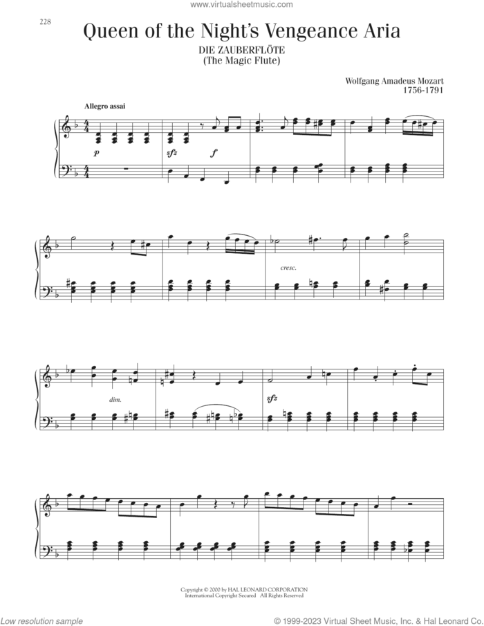 Queen Of The Night's Vengeance Aria sheet music for piano solo by Wolfgang Amadeus Mozart, classical score, intermediate skill level