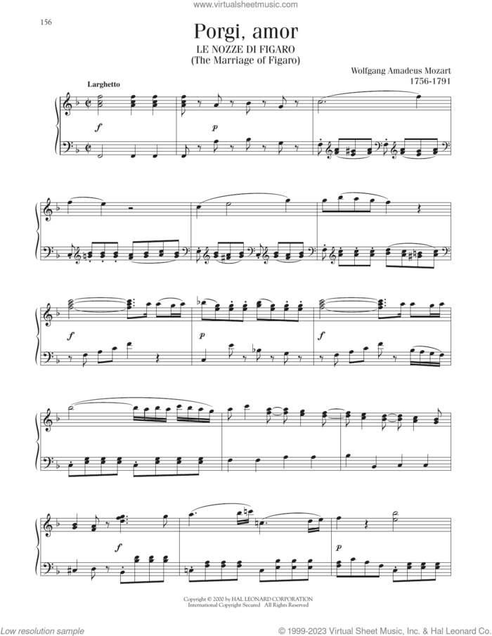 Porgi, Amor sheet music for piano solo by Wolfgang Amadeus Mozart, classical score, intermediate skill level
