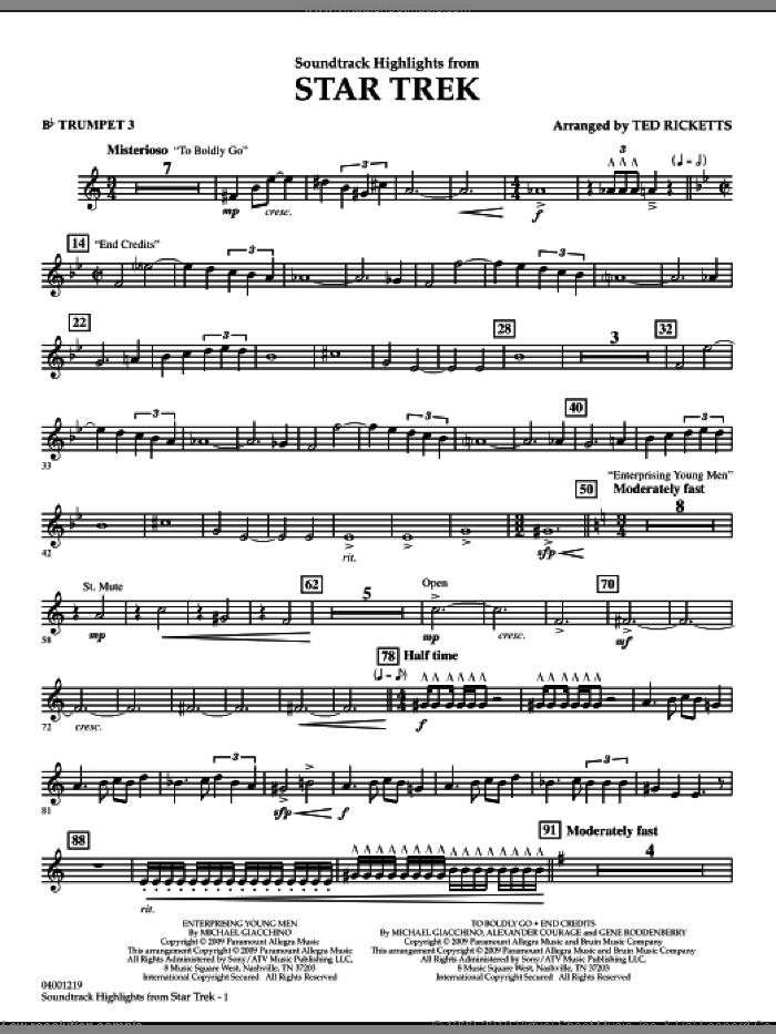 Star Trek, soundtrack highlights sheet music for concert band (Bb trumpet 3) by Michael Giacchino and Ted Ricketts, intermediate skill level