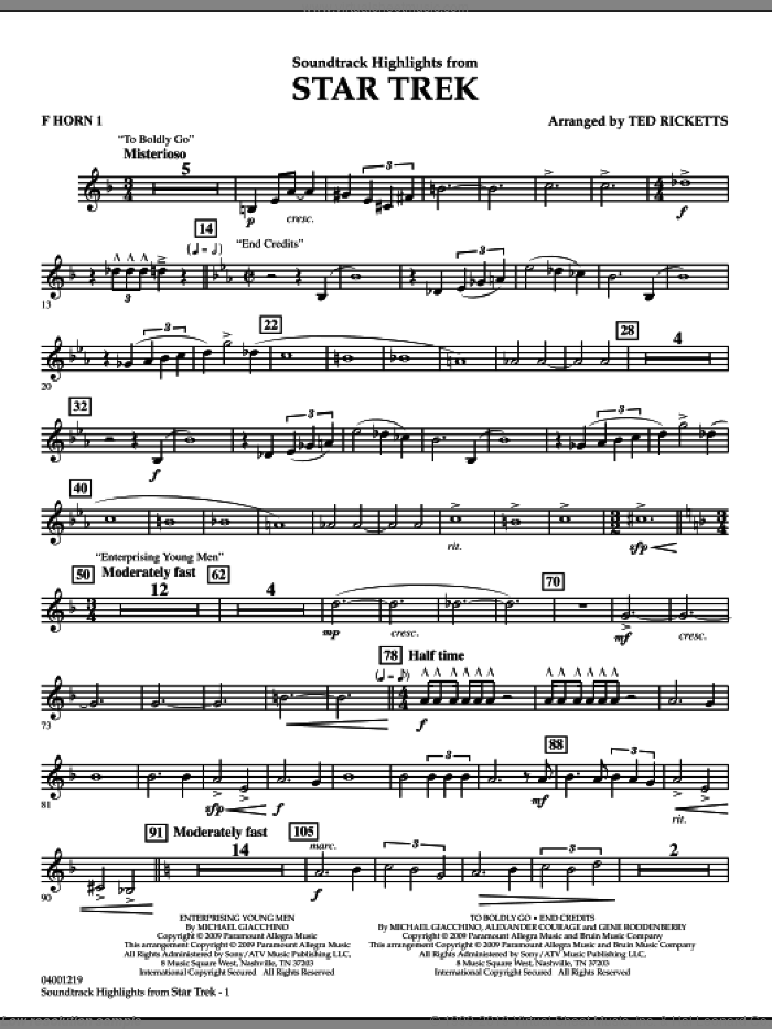 Star Trek, soundtrack highlights sheet music for concert band (f horn 1) by Michael Giacchino and Ted Ricketts, intermediate skill level