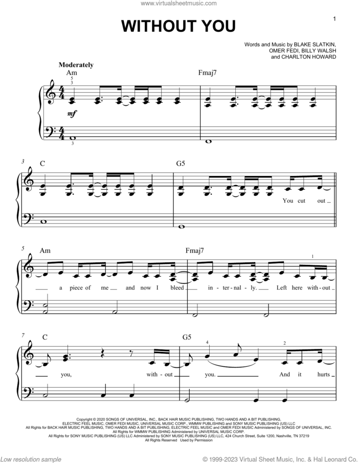 Without You sheet music for piano solo by The Kid LAROI, Billy Walsh, Blake Slatkin, Charlton Howard and Omer Fedi, easy skill level