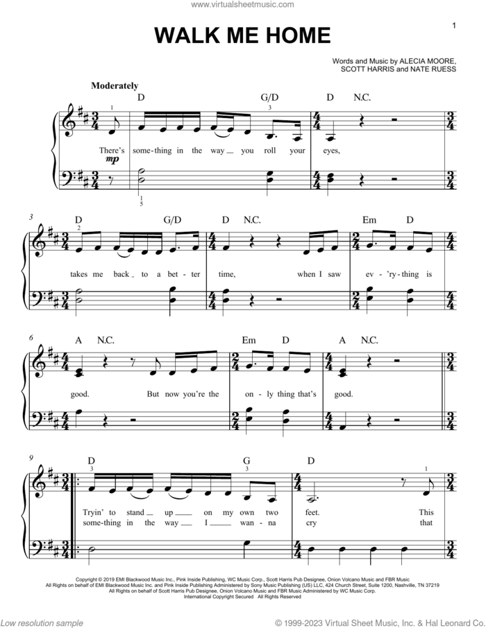 Walk Me Home sheet music for piano solo by P!nk, Alecia Moore, Nate Ruess and Scott Harris, easy skill level